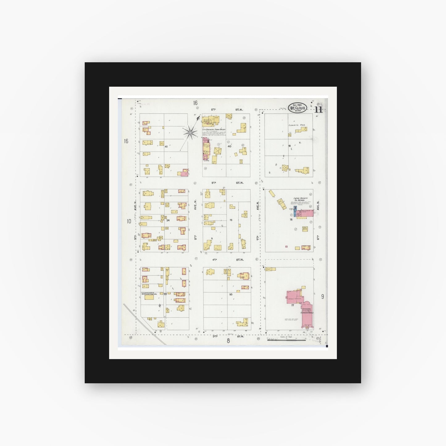 Old map wall art mockup — black gallery frame with white mat — Sanborn Fire Insurance Map from Saint Cloud, Stearns, Benton, and Sherburne Counties, Minnesota (1904), Sheet #0011