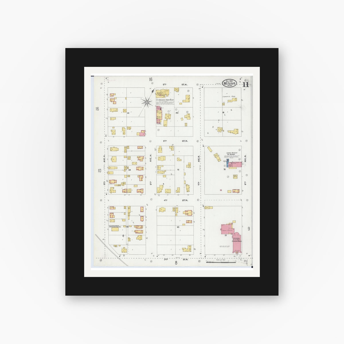 Old map wall art mockup — black gallery frame with white mat — Sanborn Fire Insurance Map from Saint Cloud, Stearns, Benton, and Sherburne Counties, Minnesota (1904), Sheet #0011
