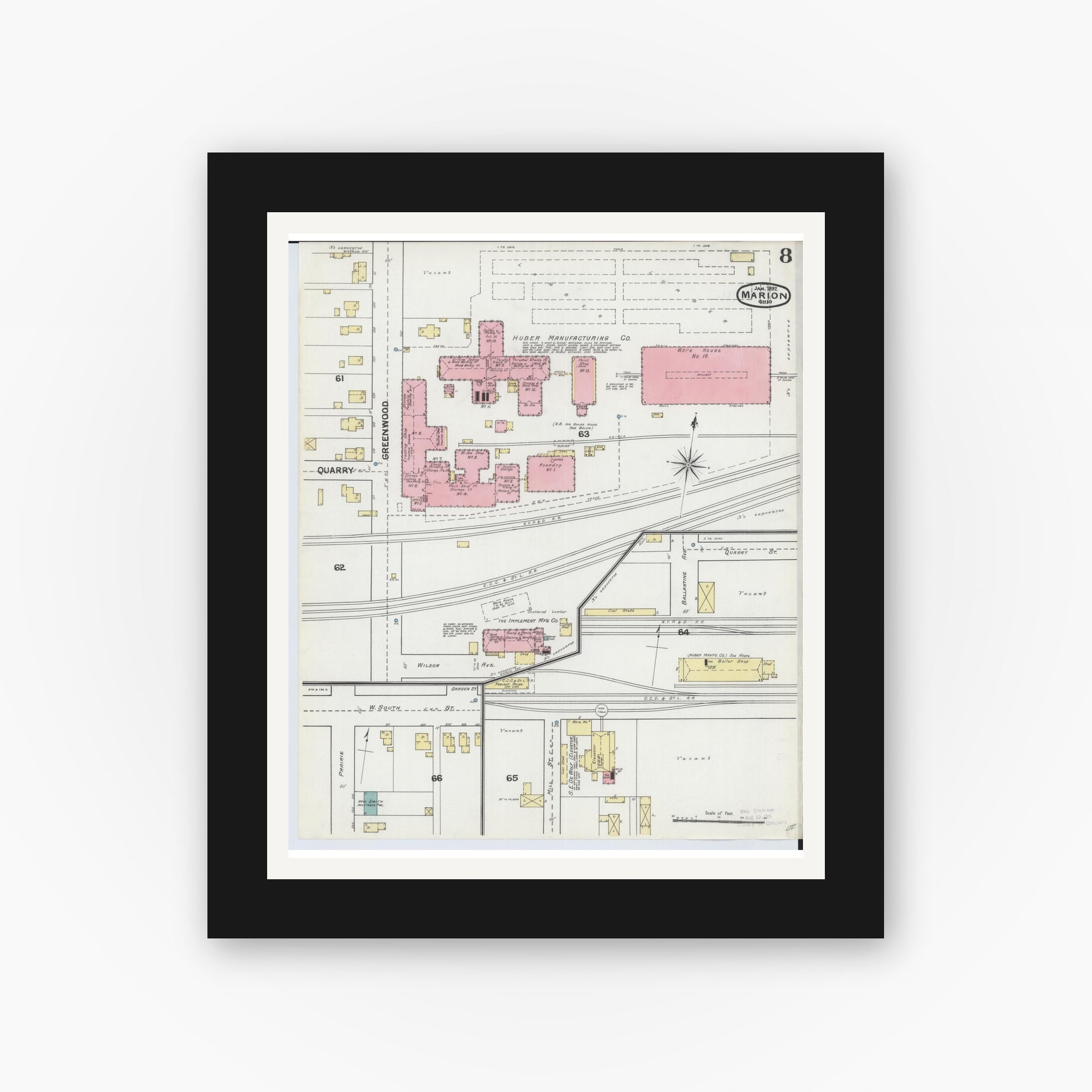 Old map wall art mockup — black gallery frame with white mat — Sanborn Fire Insurance Map from Marion, Marion County, Ohio (1892), Sheet #0008