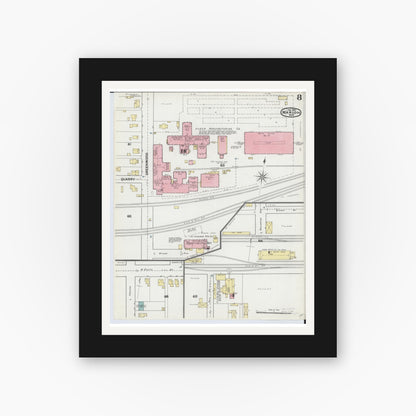 Old map wall art mockup — black gallery frame with white mat — Sanborn Fire Insurance Map from Marion, Marion County, Ohio (1892), Sheet #0008