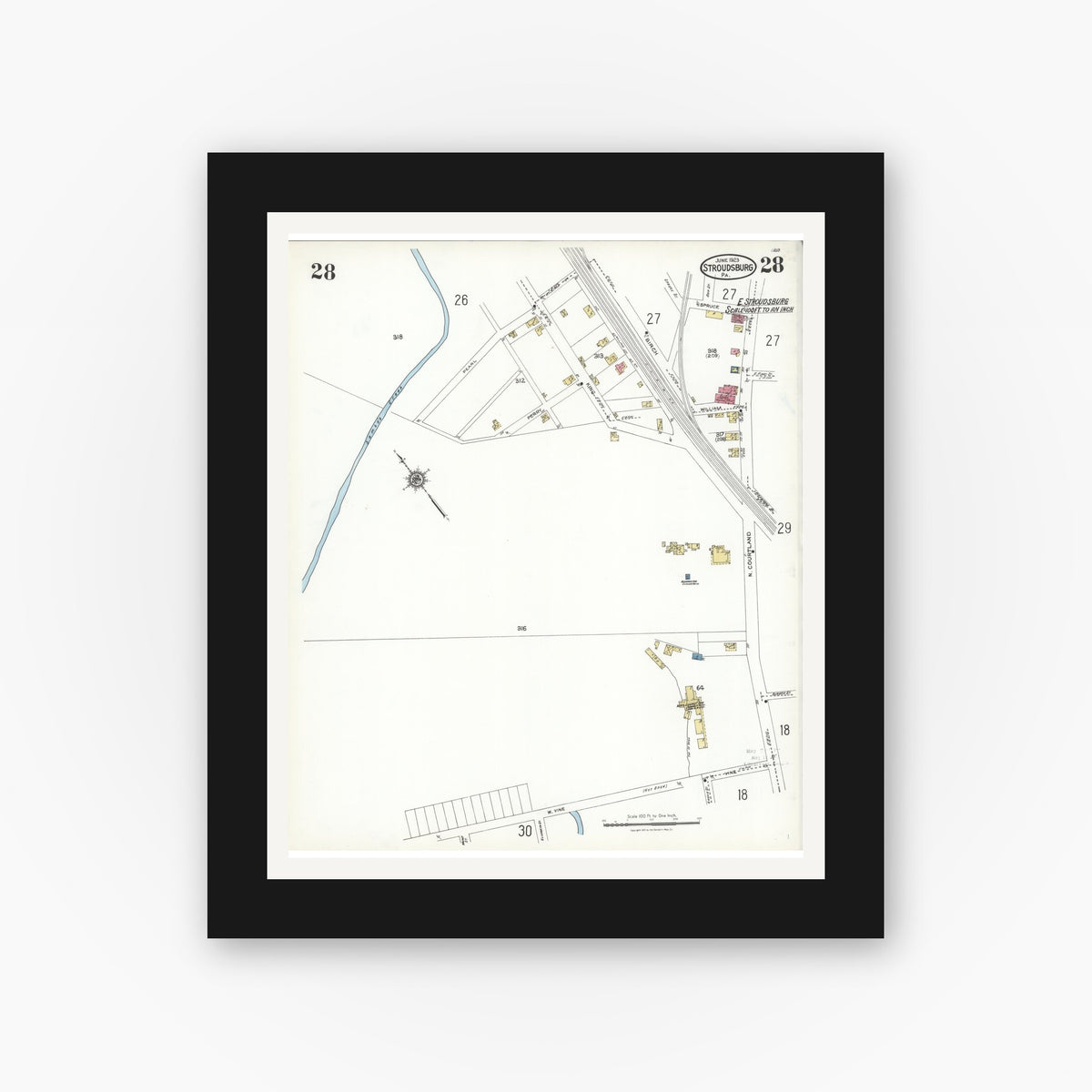 Old map wall art mockup — black gallery frame with white mat — Sanborn Fire Insurance Map from Stroudsburg, Monroe County, Pennsylvania (1923), Sheet #0028