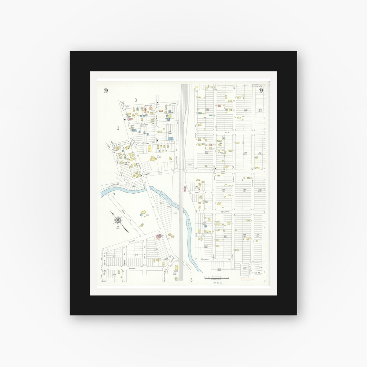 Old map wall art mockup — black gallery frame with white mat — Sanborn Fire Insurance Map from Manville, Somerset County, New Jersey (1945), Sheet #0009