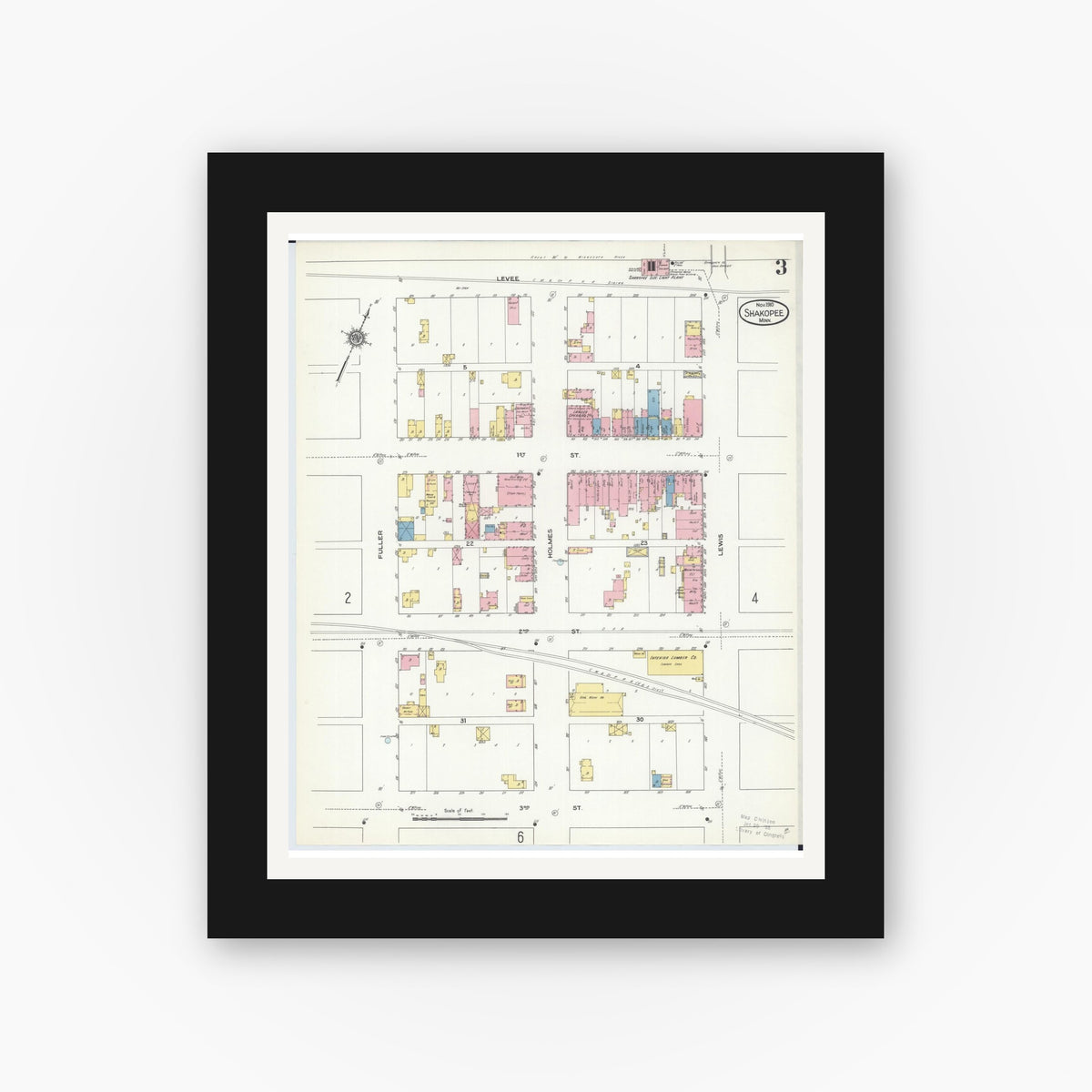 Old map wall art mockup — black gallery frame with white mat — Sanborn Fire Insurance Map from Shakopee, Scott County, Minnesota (1910), Sheet #0003