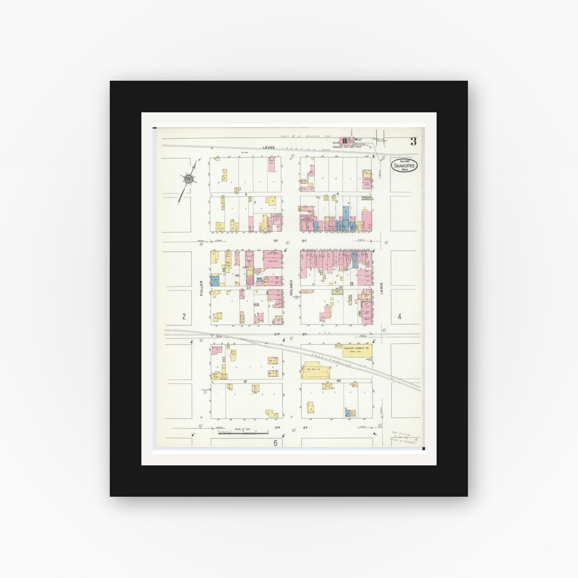 Old map wall art mockup — black gallery frame with white mat — Sanborn Fire Insurance Map from Shakopee, Scott County, Minnesota (1910), Sheet #0003