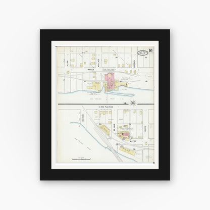 Old map wall art mockup — black gallery frame with white mat — Sanborn Fire Insurance Map from Joliet, Will County, Illinois (1891), Sheet #0016