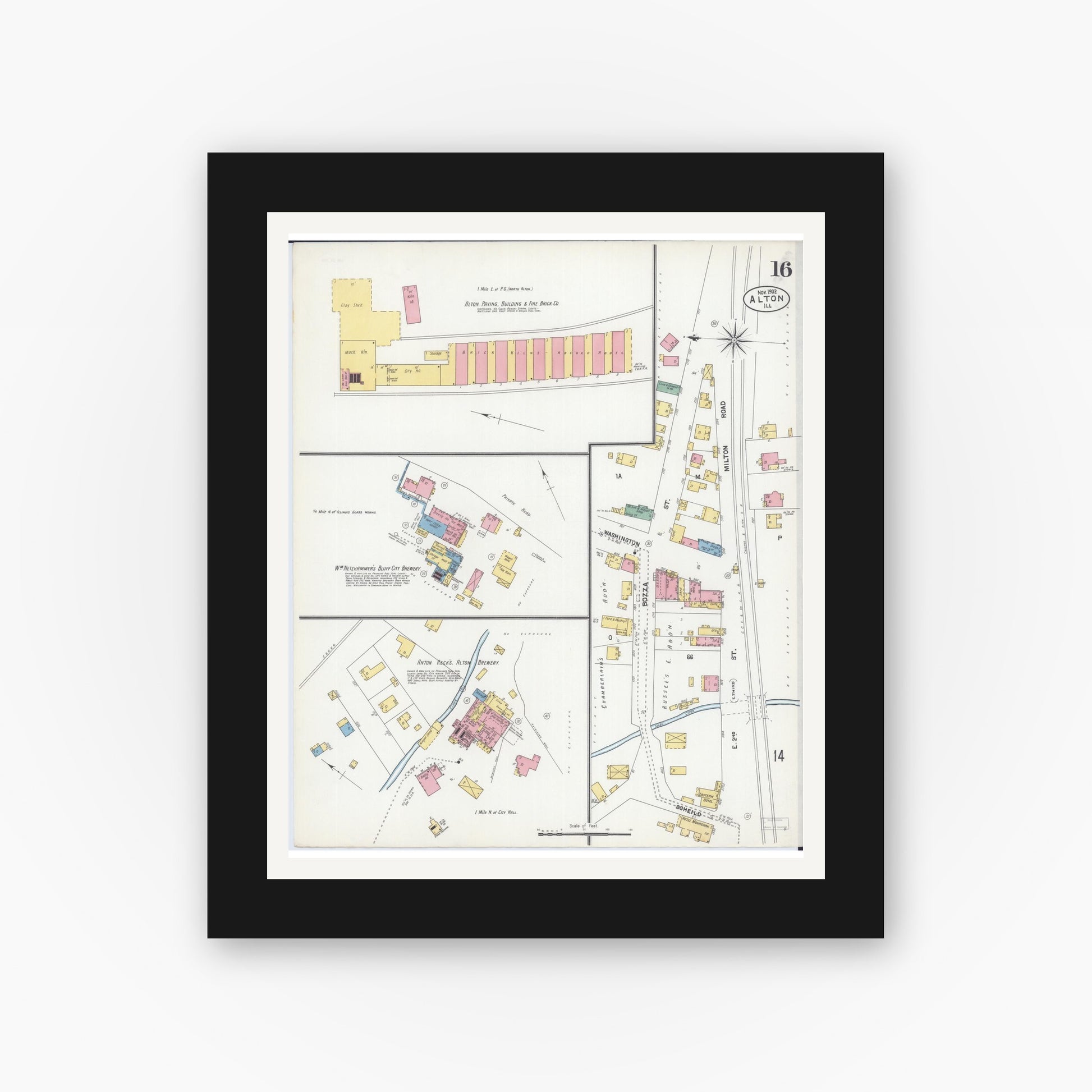 Old map wall art mockup — black gallery frame with white mat — Sanborn Fire Insurance Map from Alton, Madison County, Illinois (1902), Sheet #0016