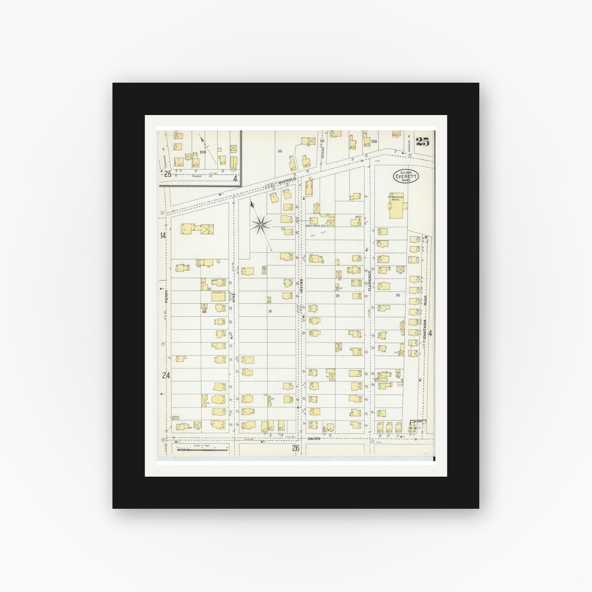 Old map wall art mockup — black gallery frame with white mat — Sanborn Fire Insurance Map from Everett, Middlesex County, Massachusetts (1903), Sheet #0025