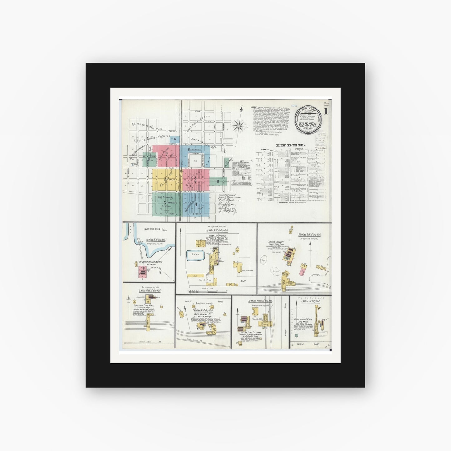 Old map wall art mockup — black gallery frame with white mat — Sanborn Fire Insurance Map from Du Quoin, Perry County, Illinois (1900) - Complete Map Set