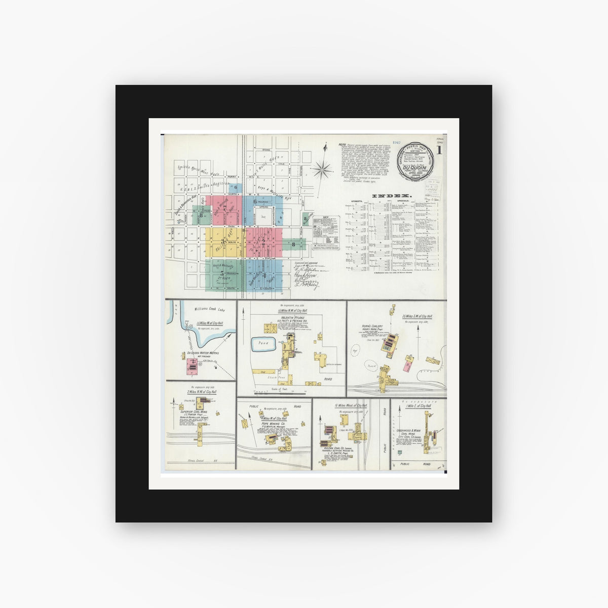 Old map wall art mockup — black gallery frame with white mat — Sanborn Fire Insurance Map from Du Quoin, Perry County, Illinois (1900) - Complete Map Set