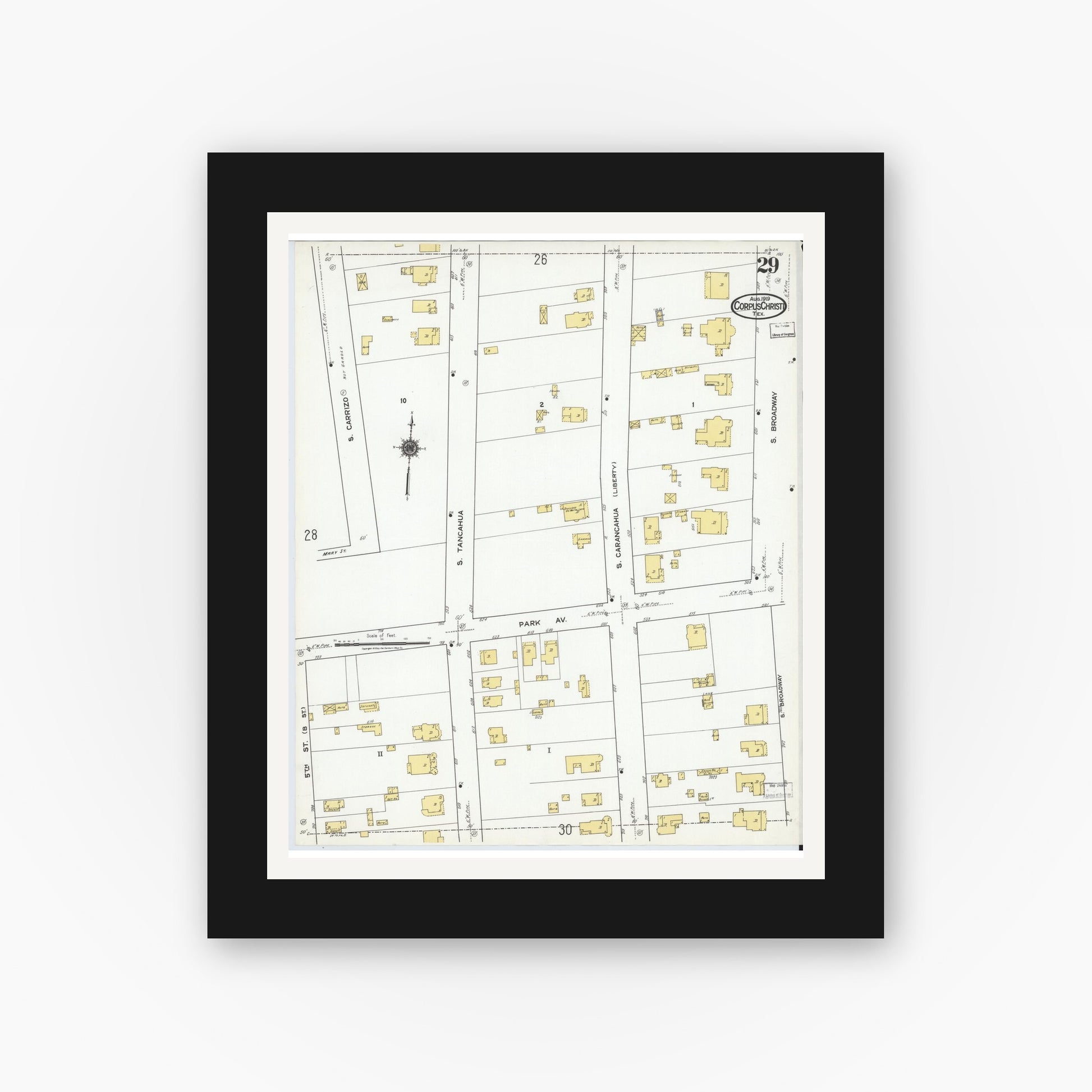 Old map wall art mockup — black gallery frame with white mat — Sanborn Fire Insurance Map from Corpus Christi, Nueces County, Texas (1919), Sheet #0029