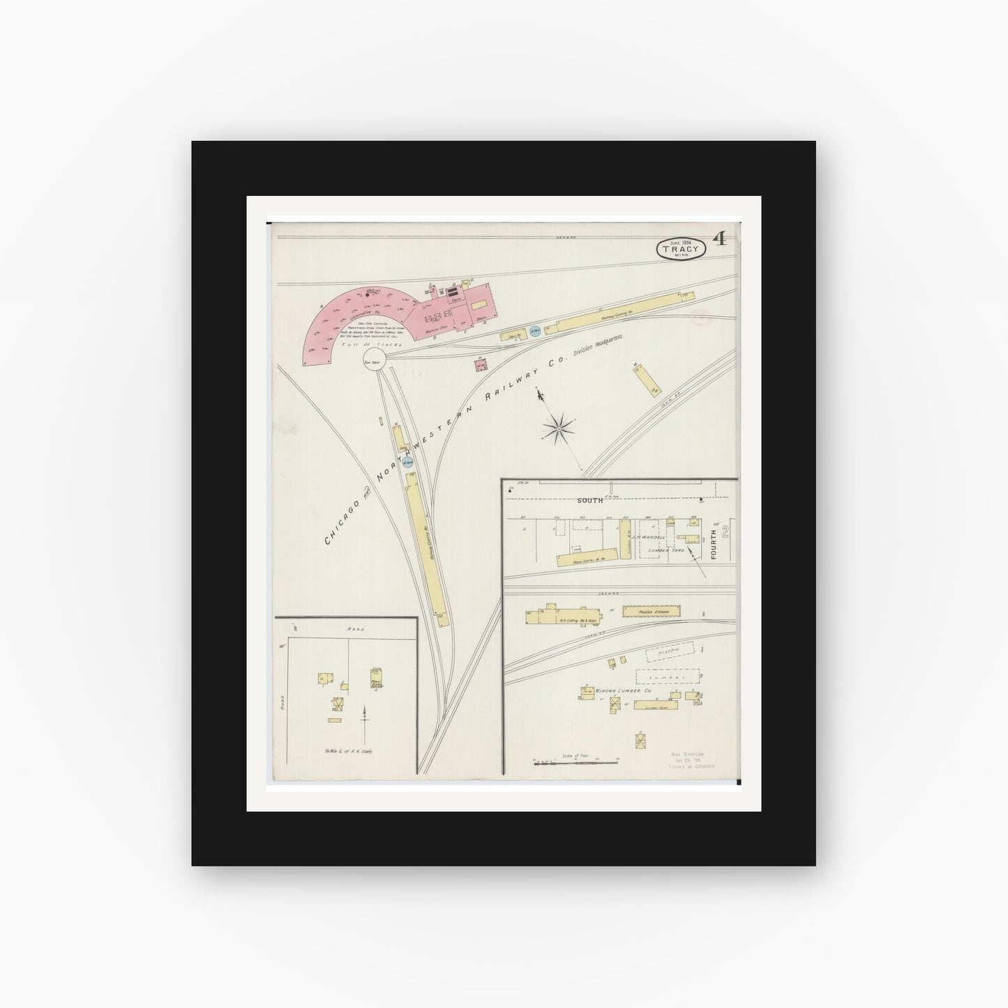 Old map wall art mockup — black gallery frame with white mat — Sanborn Fire Insurance Map from Tracy, Lyon County, Minnesota (1894), Sheet #0004