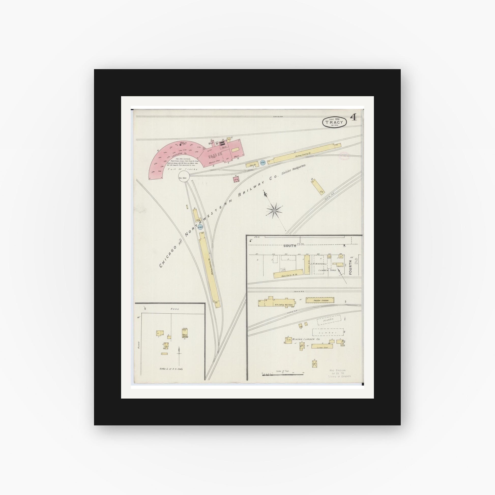 Old map wall art mockup — black gallery frame with white mat — Sanborn Fire Insurance Map from Tracy, Lyon County, Minnesota (1894), Sheet #0004