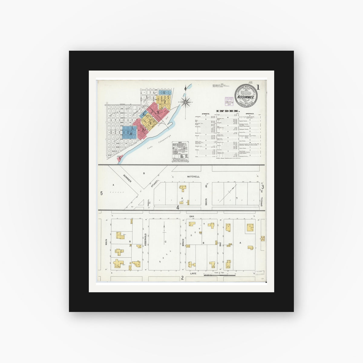 Old map wall art mockup — black gallery frame with white mat — Sanborn Fire Insurance Map from Kissimmee, Osceola County, Florida (1904) - Complete Map Set