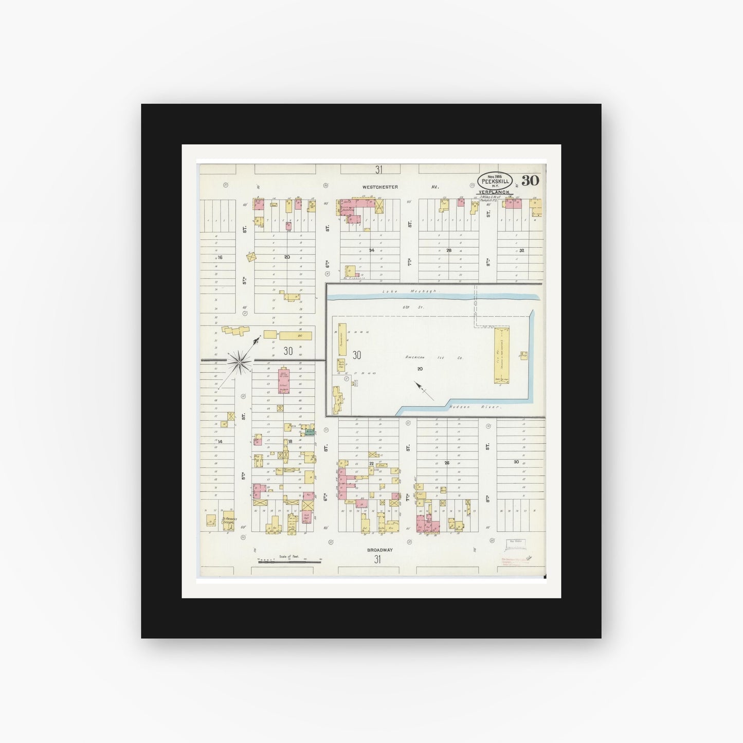 Old map wall art mockup — black gallery frame with white mat — Sanborn Fire Insurance Map from Peekskill, Westchester County, New York (1905), Sheet #0030