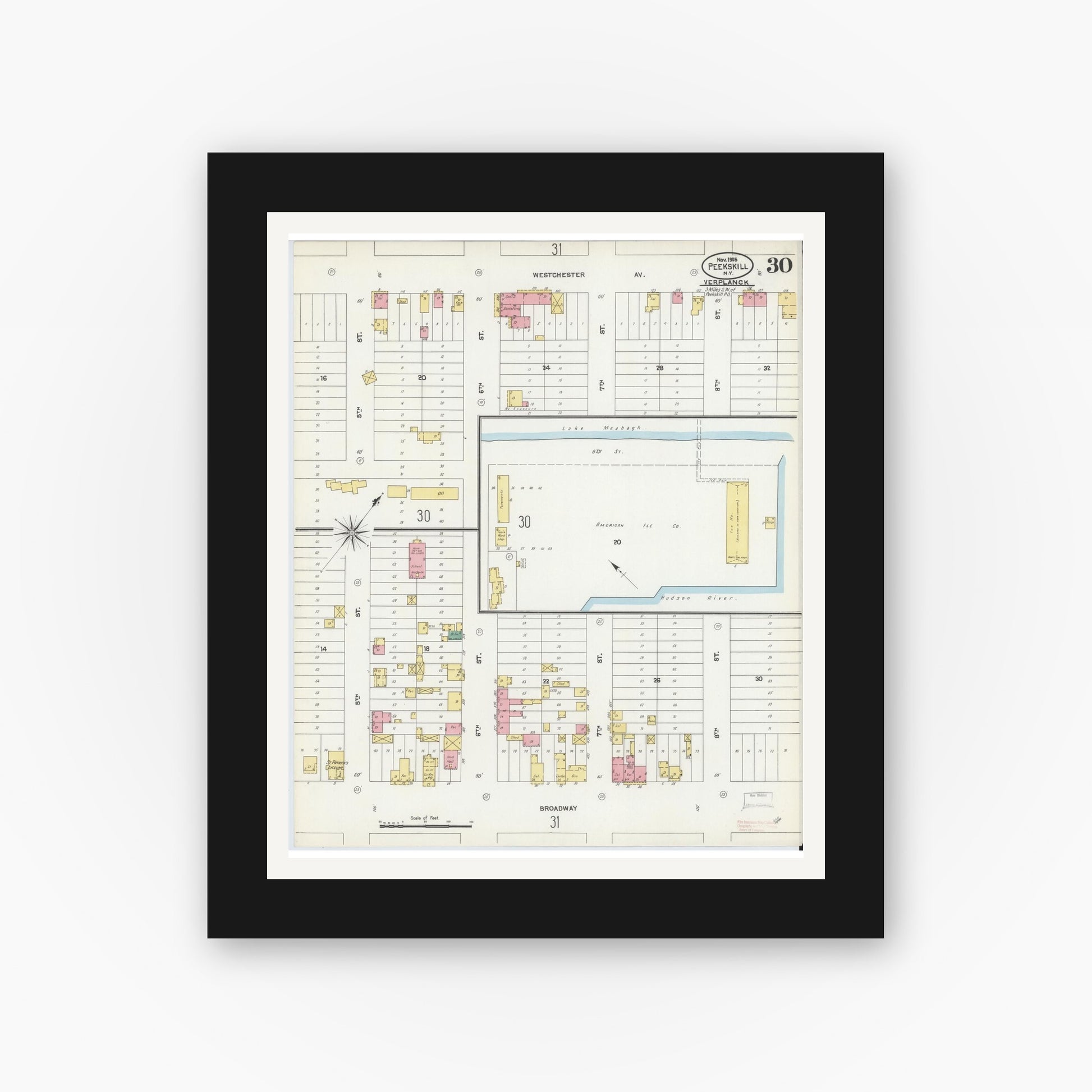 Old map wall art mockup — black gallery frame with white mat — Sanborn Fire Insurance Map from Peekskill, Westchester County, New York (1905), Sheet #0030