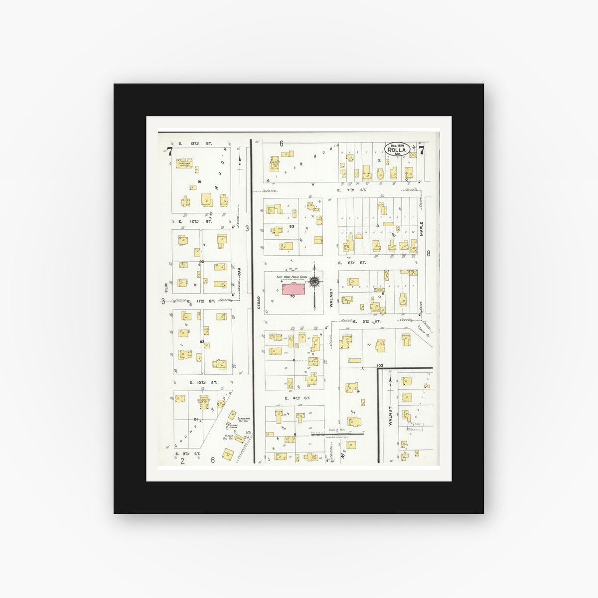 Old map wall art mockup — black gallery frame with white mat — Sanborn Fire Insurance Map from Rolla, Phelps County, Missouri (1924), Sheet #0007