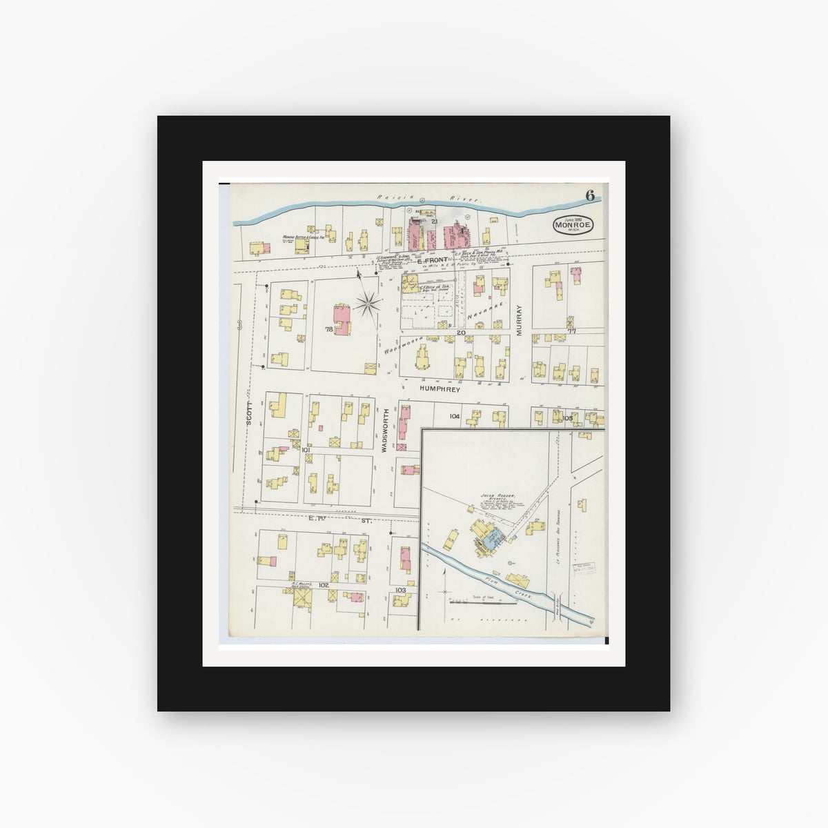 Old map wall art mockup — black gallery frame with white mat — Sanborn Fire Insurance Map from Monroe, Monroe County, Michigan (1893), Sheet #0006