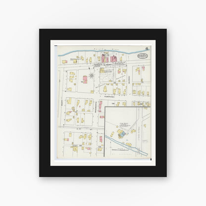 Old map wall art mockup — black gallery frame with white mat — Sanborn Fire Insurance Map from Monroe, Monroe County, Michigan (1893), Sheet #0006