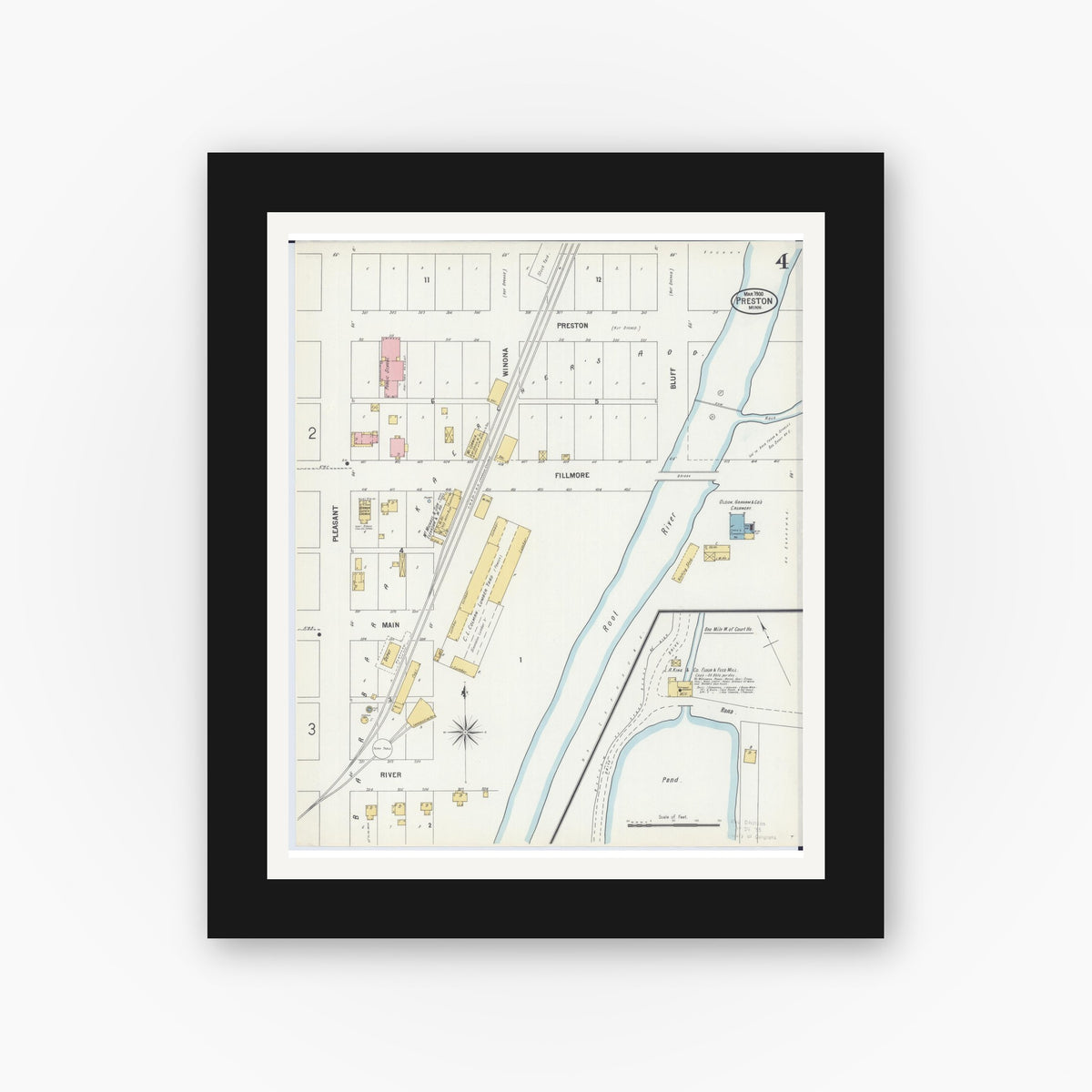 Old map wall art mockup — black gallery frame with white mat — Sanborn Fire Insurance Map from Preston, Fillmore County, Minnesota (1900), Sheet #0004
