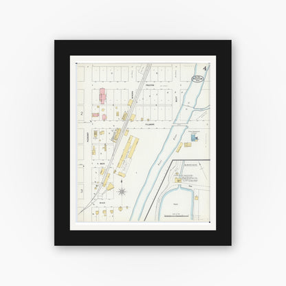 Old map wall art mockup — black gallery frame with white mat — Sanborn Fire Insurance Map from Preston, Fillmore County, Minnesota (1900), Sheet #0004