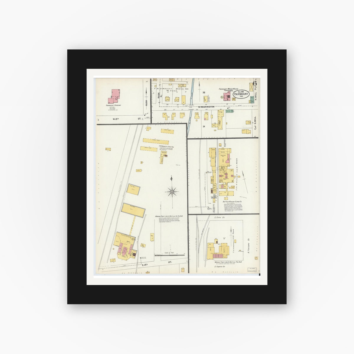 Old map wall art mockup — black gallery frame with white mat — Sanborn Fire Insurance Map from Fairmount, Grant County, Indiana (1902), Sheet #0006