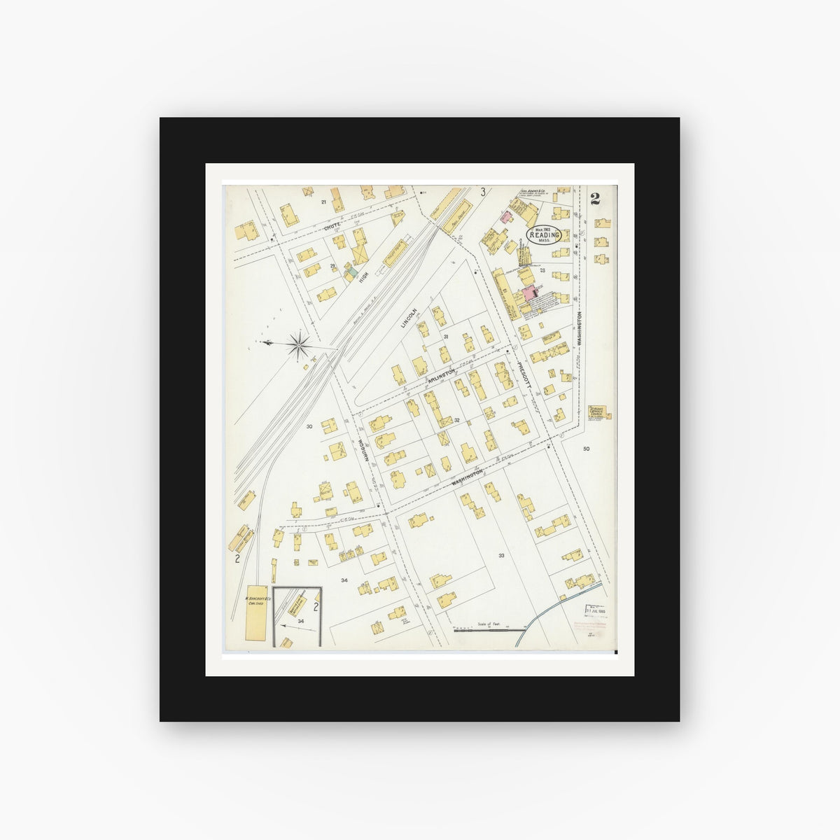 Old map wall art mockup — black gallery frame with white mat — Sanborn Fire Insurance Map from Reading, Middlesex County, Massachusetts (1903), Sheet #0002