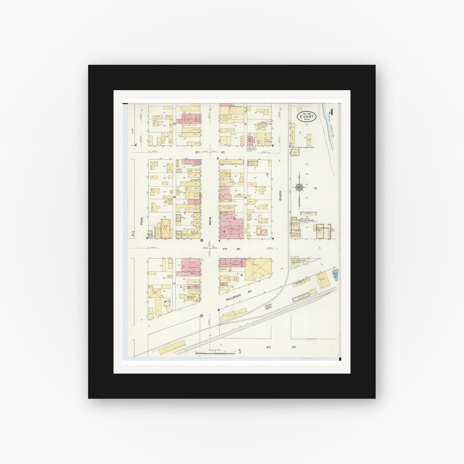Old map wall art mockup — black gallery frame with white mat — Sanborn Fire Insurance Map from Evart, Osceola County, Michigan (1910), Sheet #0004