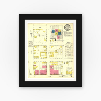 Old map wall art mockup — black gallery frame with white mat — Sanborn Fire Insurance Map from Bartlett, Bell and Williamson Counties, Texas (1912), Sheet #0001