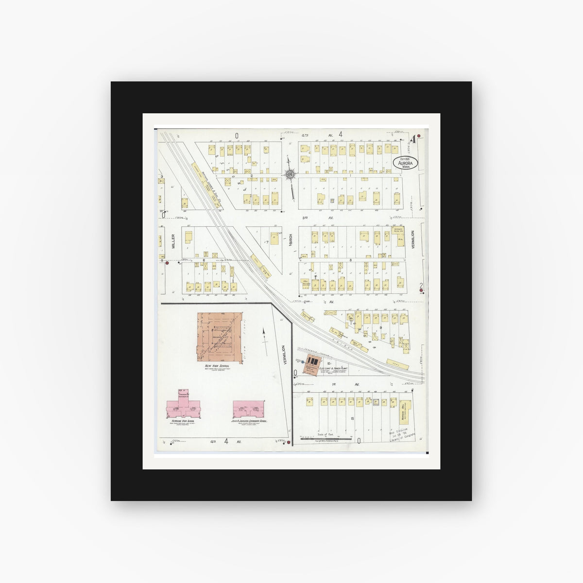 Old map wall art mockup — black gallery frame with white mat — Sanborn Fire Insurance Map from Aurora, Saint Louis County, Minnesota (1921), Sheet #0004