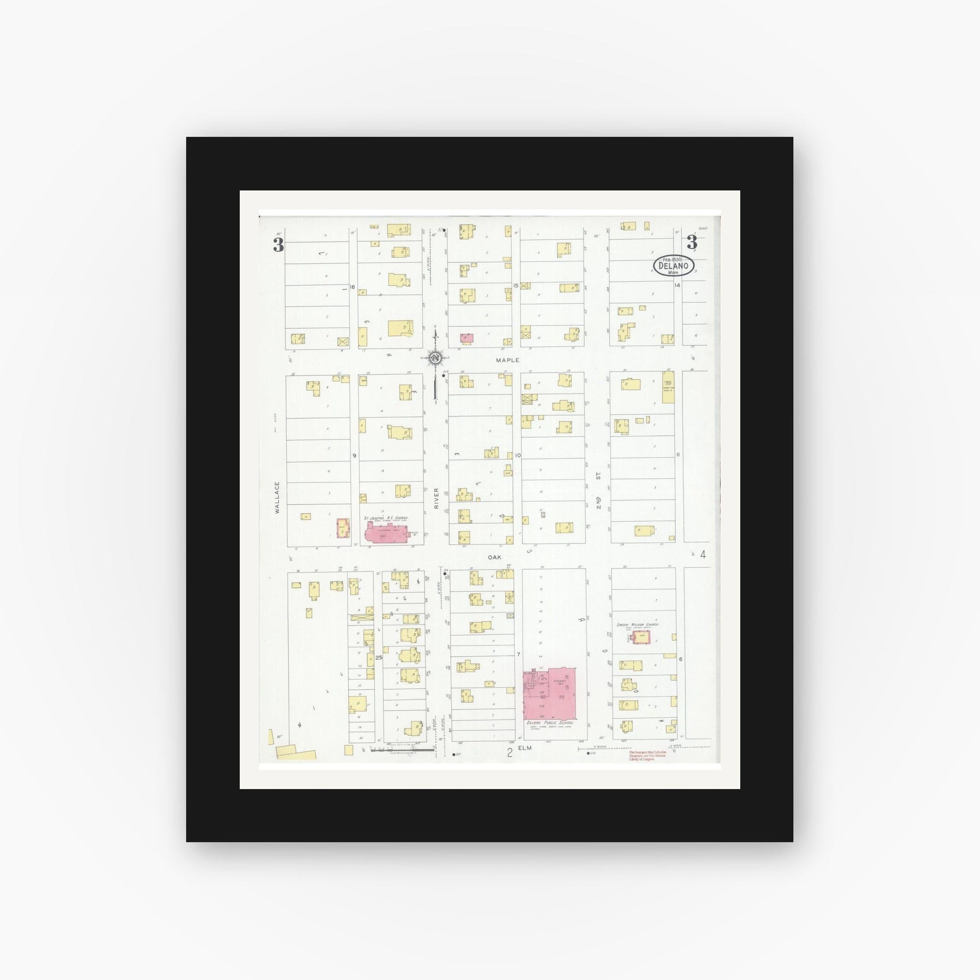 Old map wall art mockup — black gallery frame with white mat — Sanborn Fire Insurance Map from Delano, Wright County, Minnesota (1930), Sheet #0003
