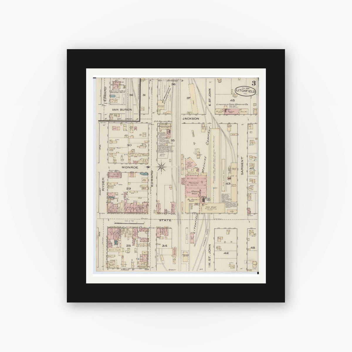 Old map wall art mockup — black gallery frame with white mat — Sanborn Fire Insurance Map from Litchfield, Montgomery County, Illinois (1886), Sheet #0003
