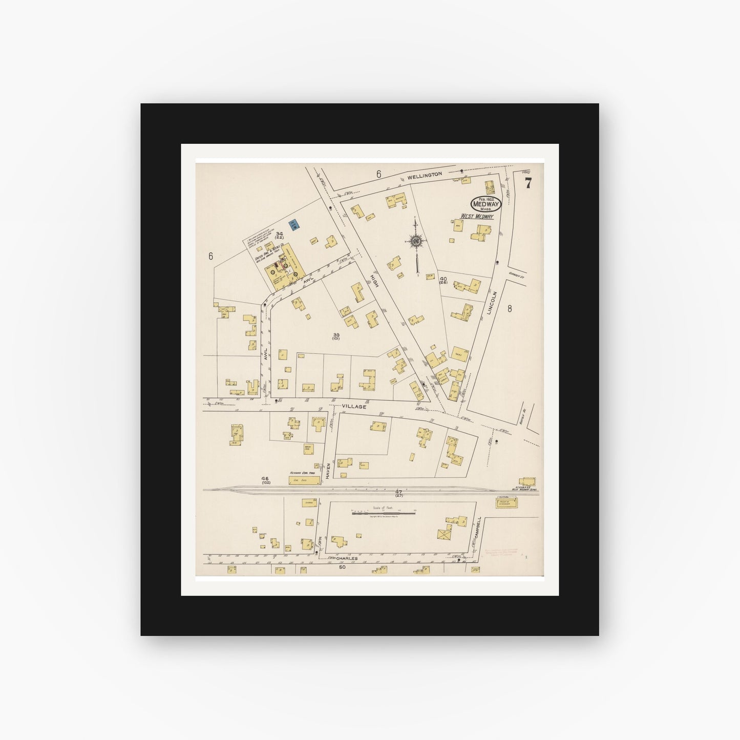 Old map wall art mockup — black gallery frame with white mat — Sanborn Fire Insurance Map from Medway, Norfolk County, Massachusetts (1922), Sheet #0007