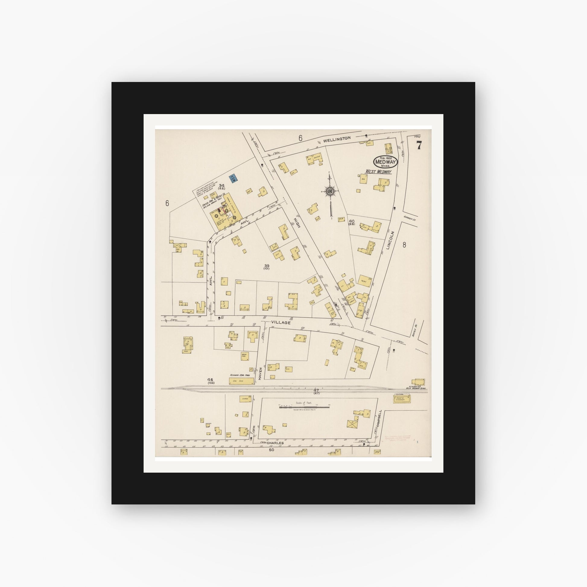 Old map wall art mockup — black gallery frame with white mat — Sanborn Fire Insurance Map from Medway, Norfolk County, Massachusetts (1922), Sheet #0007