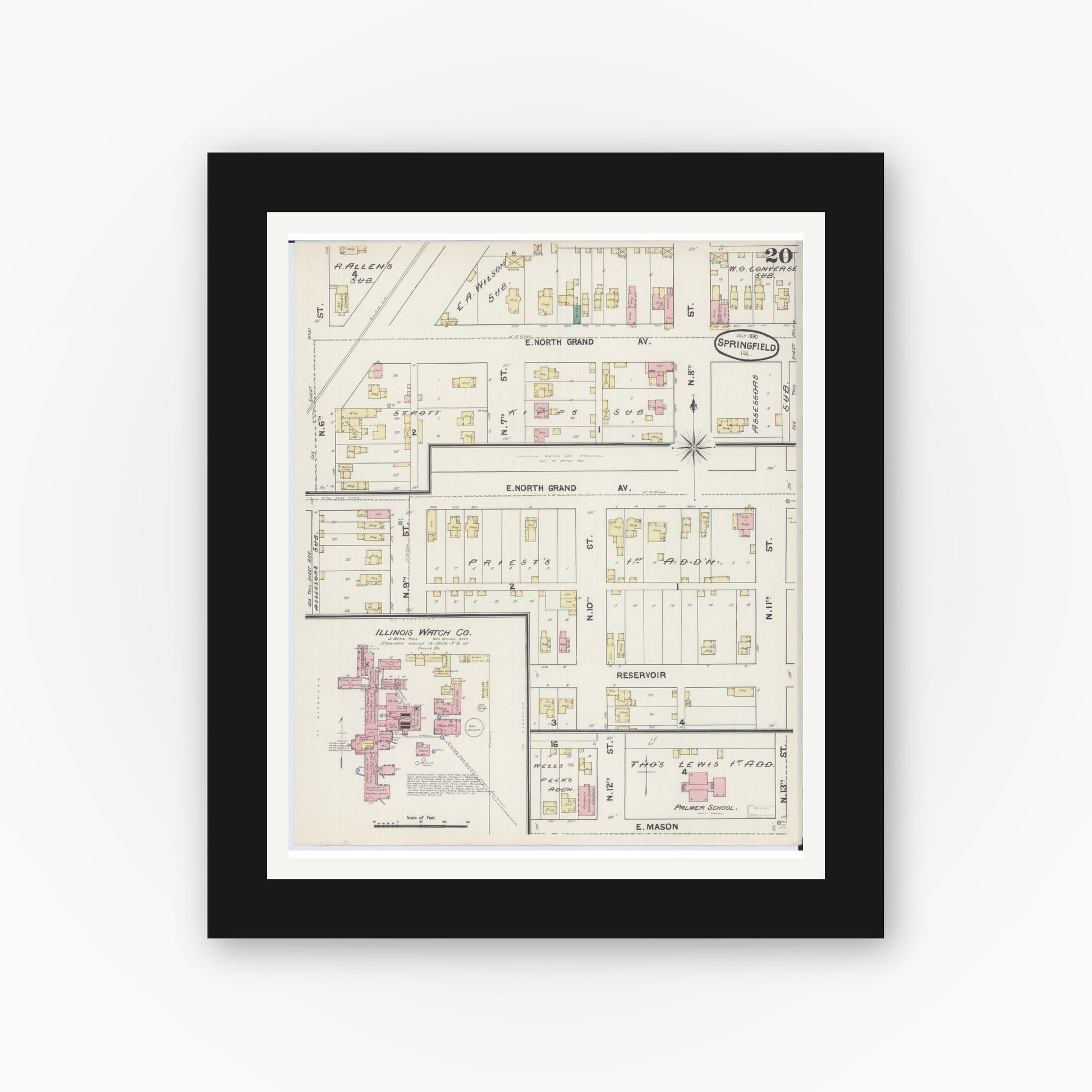 Old map wall art mockup — black gallery frame with white mat — Sanborn Fire Insurance Map from Springfield, Sangamon County, Illinois (1890), Sheet #0020