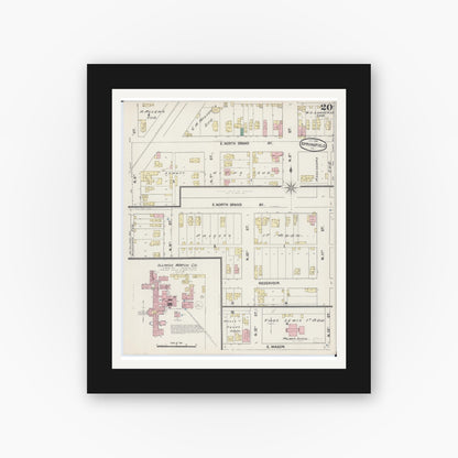 Old map wall art mockup — black gallery frame with white mat — Sanborn Fire Insurance Map from Springfield, Sangamon County, Illinois (1890), Sheet #0020