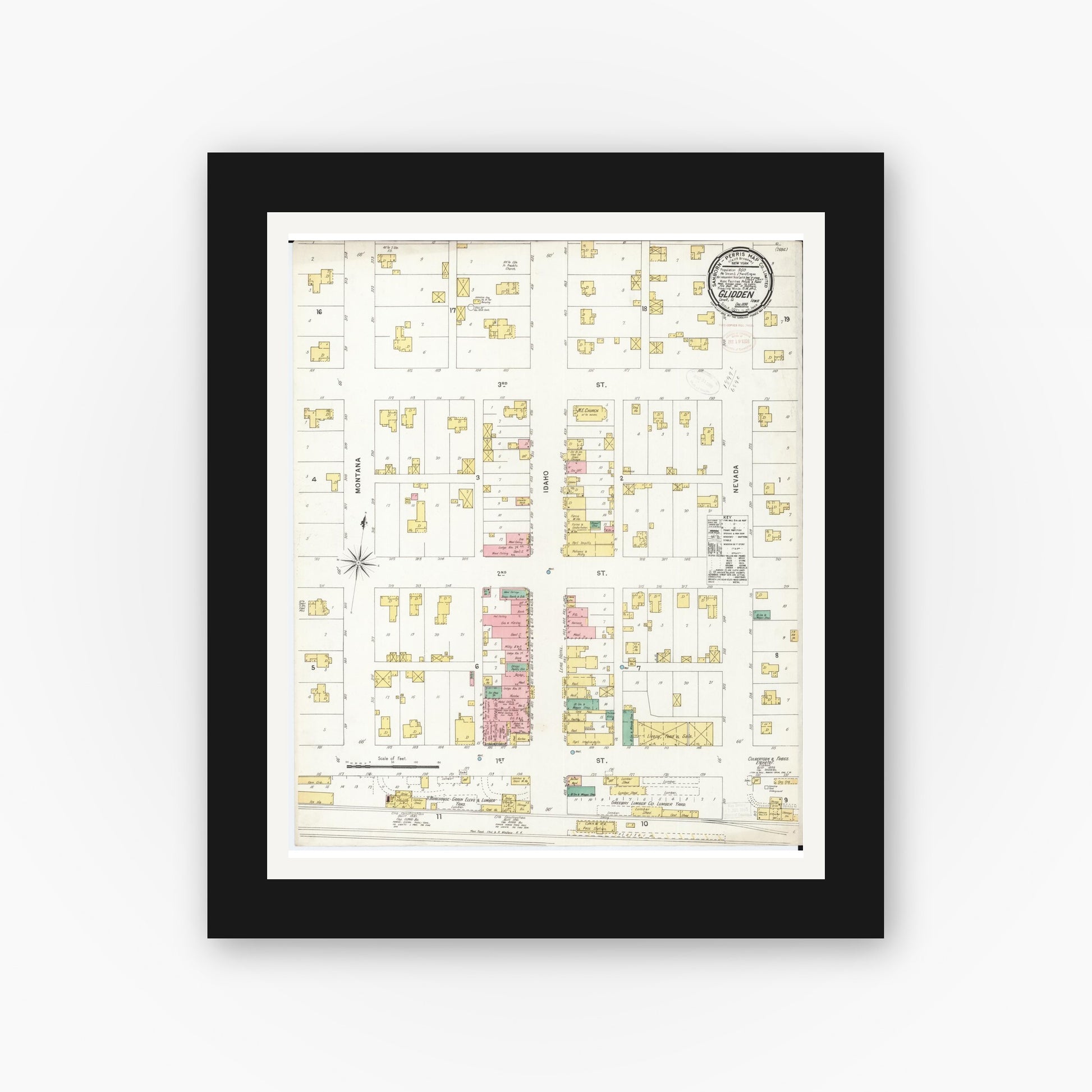 Old map wall art mockup — black gallery frame with white mat — Sanborn Fire Insurance Map from Glidden, Carroll County, Iowa (1898), Sheet #0001