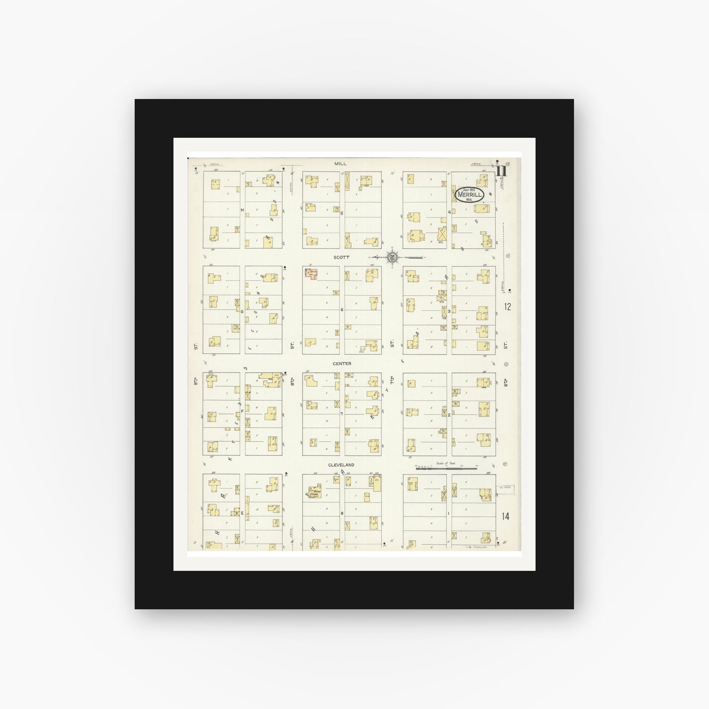 Old map wall art mockup — black gallery frame with white mat — Sanborn Fire Insurance Map from Merrill, Lincoln County, Wisconsin (1913), Sheet #0011