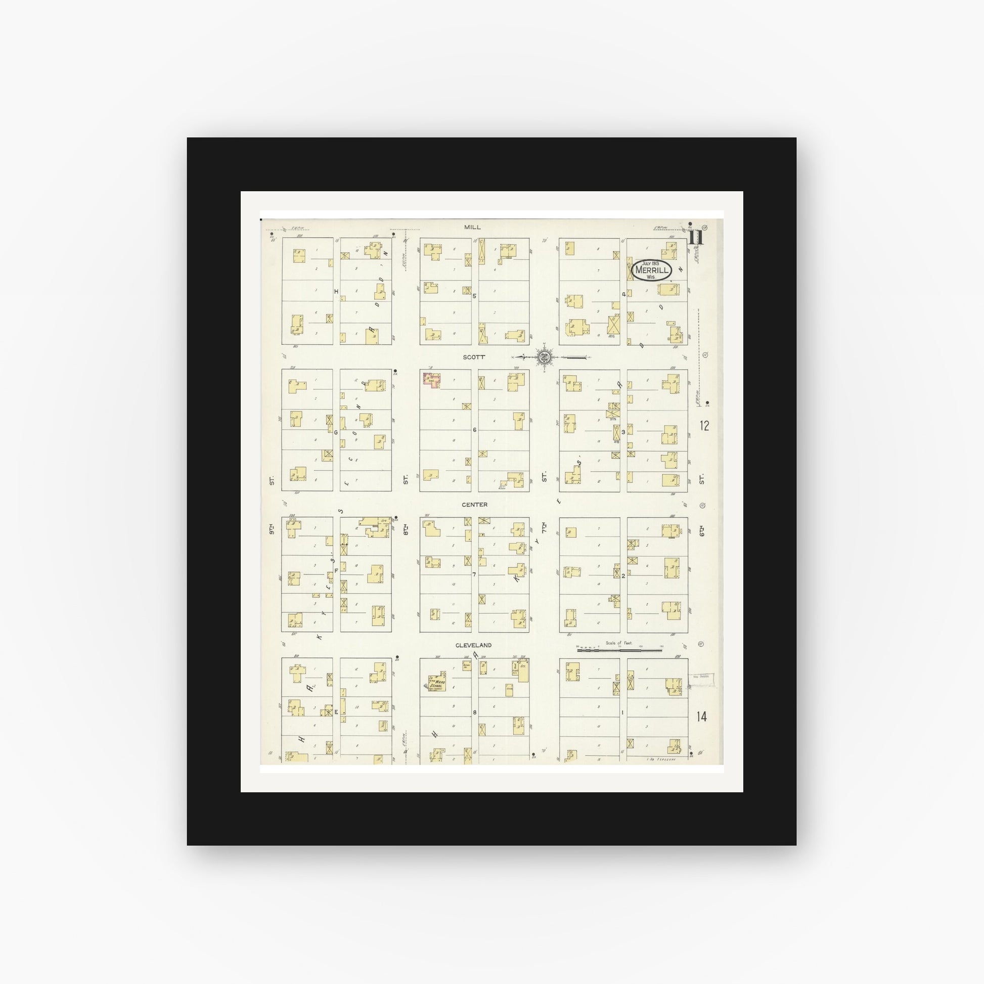 Old map wall art mockup — black gallery frame with white mat — Sanborn Fire Insurance Map from Merrill, Lincoln County, Wisconsin (1913), Sheet #0011