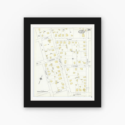 Old map wall art mockup — black gallery frame with white mat — Sanborn Fire Insurance Map from Cleburne, Johnson County, Texas (1910), Sheet #0026