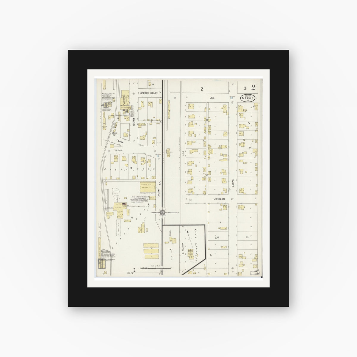 Old map wall art mockup — black gallery frame with white mat — Sanborn Fire Insurance Map from Markle, Huntington County, Indiana (1914), Sheet #0002