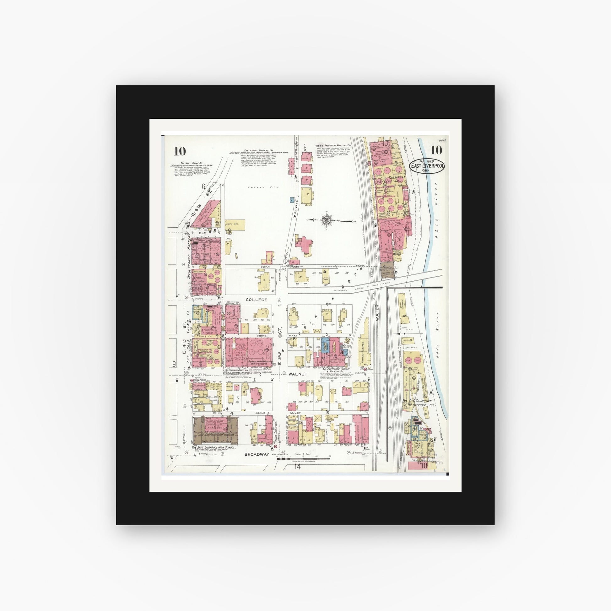 Old map wall art mockup — black gallery frame with white mat — Sanborn Fire Insurance Map from East Liverpool, Columbiana County, Ohio (1923), Sheet #0010