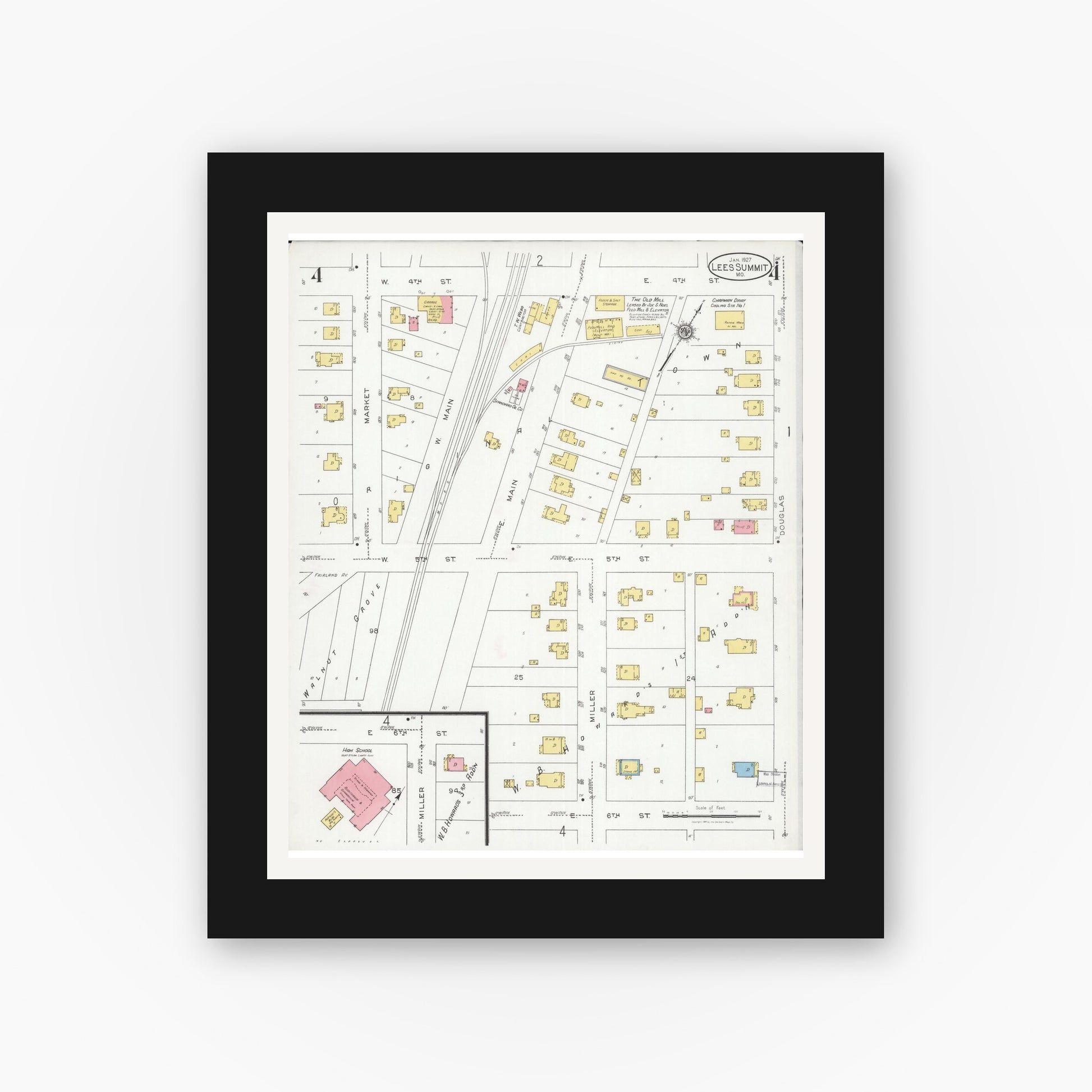 Old map wall art mockup — black gallery frame with white mat — Sanborn Fire Insurance Map from Lee's Summit, Jackson County, Missouri (1927), Sheet #0004