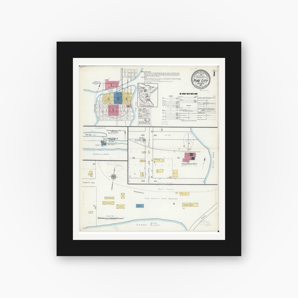 Old map wall art mockup — black gallery frame with white mat — Sanborn Fire Insurance Map from Pine City, Pine County, Minnesota (1921), Sheet #0001
