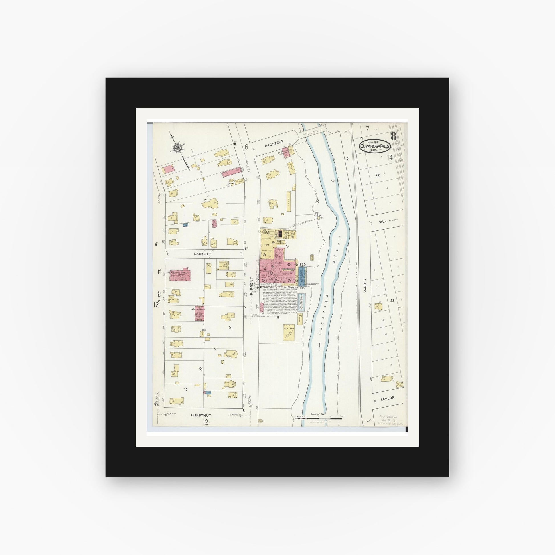 Old map wall art mockup — black gallery frame with white mat — Sanborn Fire Insurance Map from Cuyahoga Falls, Summit County, Ohio (1916), Sheet #0008