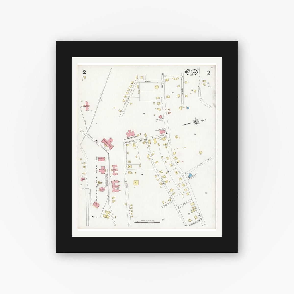Old map wall art mockup — black gallery frame with white mat — Sanborn Fire Insurance Map from Boone, Watauga County, North Carolina (1928), Sheet #0002