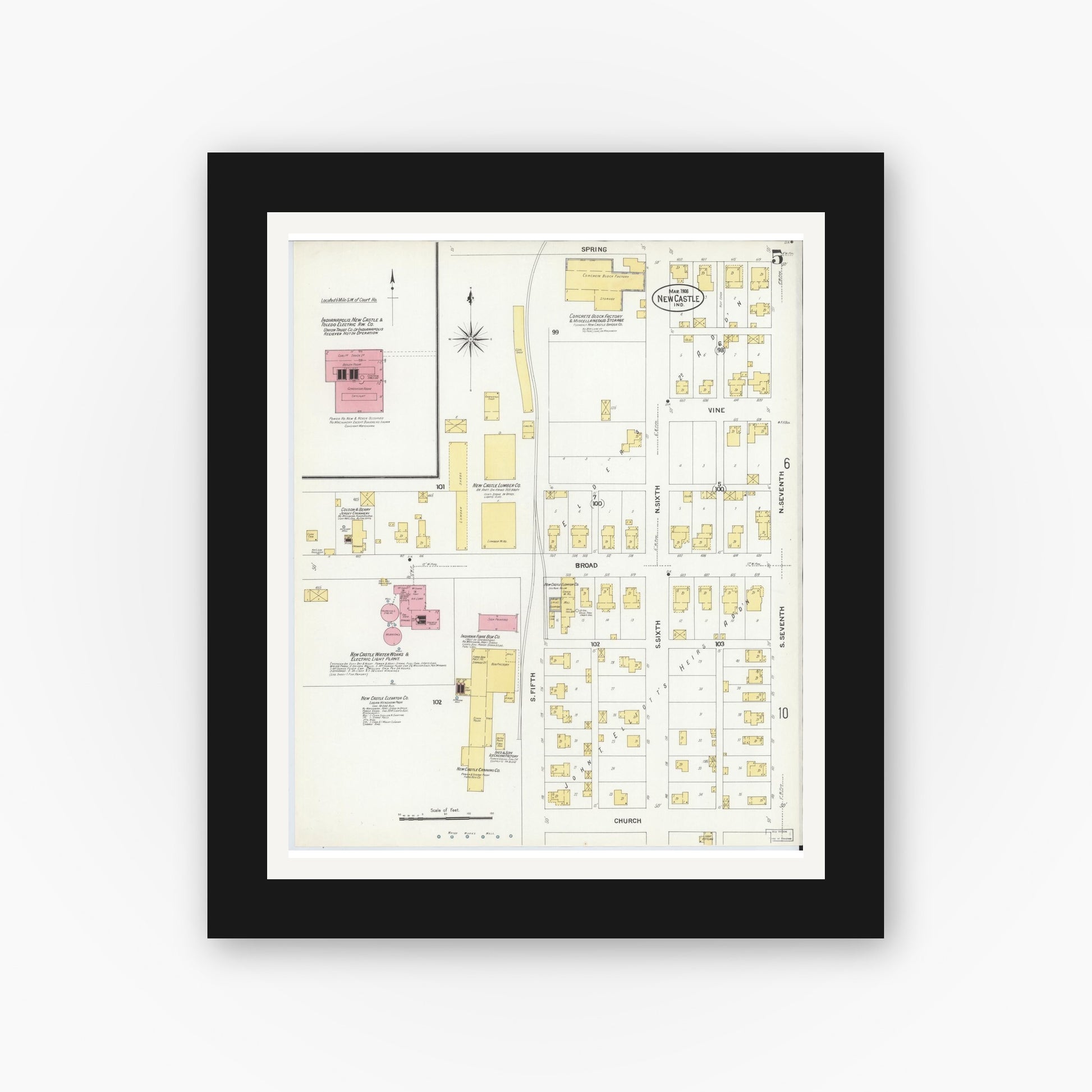 Old map wall art mockup — black gallery frame with white mat — Sanborn Fire Insurance Map from New Castle, Henry County, Indiana (1908), Sheet #0005