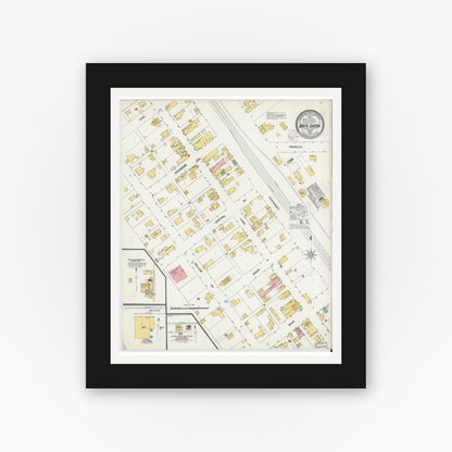 Old map wall art mockup — black gallery frame with white mat — Sanborn Fire Insurance Map from North Judson, Starke County, Indiana (1902), Sheet #0001