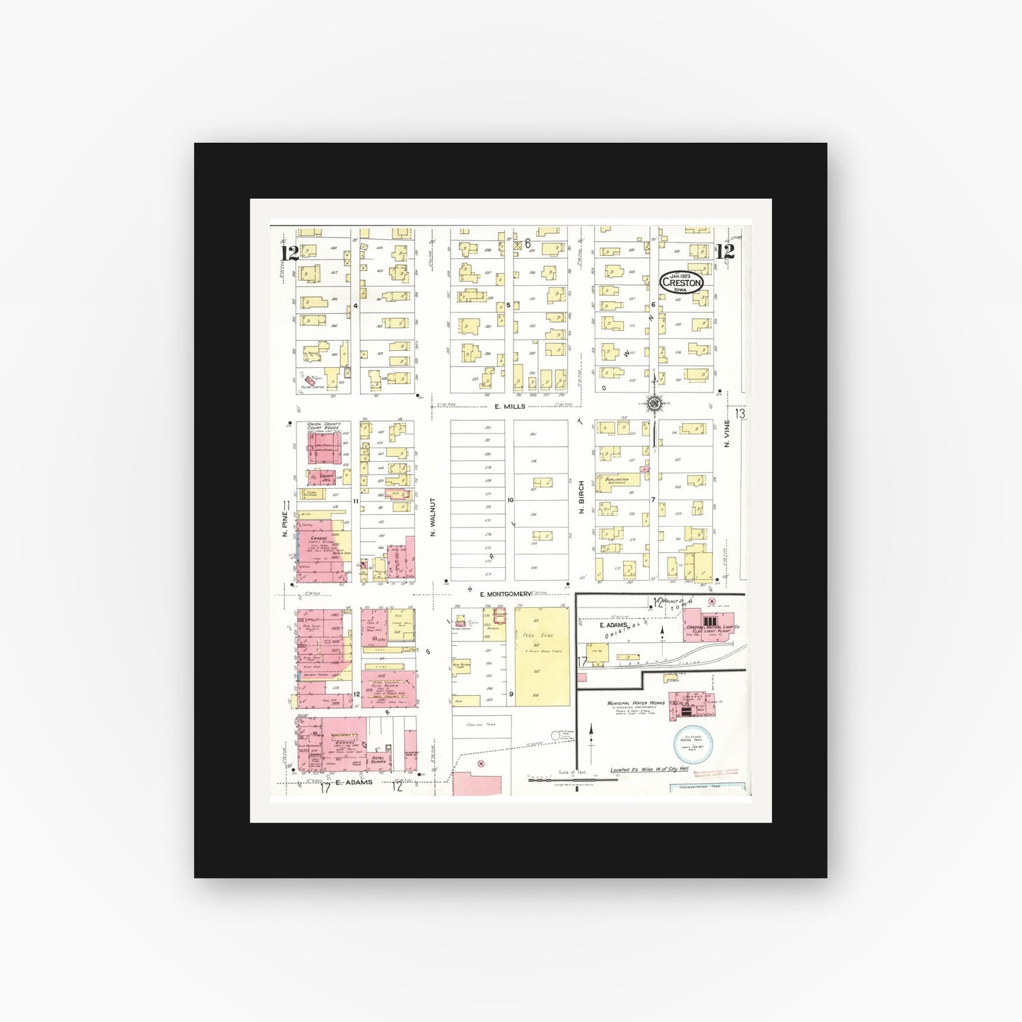 Old map wall art mockup — black gallery frame with white mat — Sanborn Fire Insurance Map from Creston, Union County, Iowa (1923), Sheet #0012