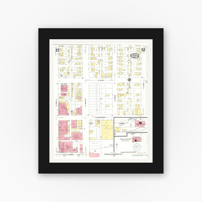 Old map wall art mockup — black gallery frame with white mat — Sanborn Fire Insurance Map from Creston, Union County, Iowa (1923), Sheet #0012