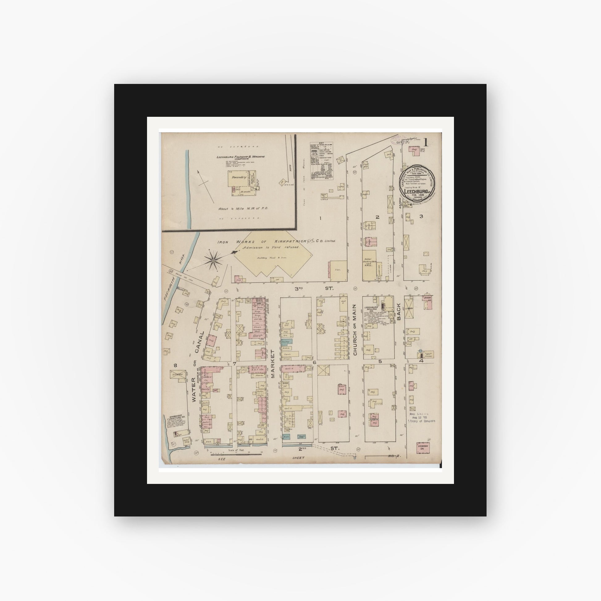 Old map wall art mockup — black gallery frame with white mat — Sanborn Fire Insurance Map from Leechburg, Armstrong County, Pennsylvania (1886) - Complete Map Set